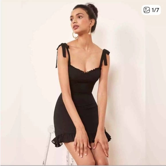 Reformation Dresses & Skirts - Reformation Christine Mini Dress Black Ruffle Hem Tie Strap size 0 USA LBD